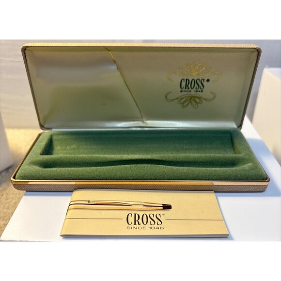 Vintage Cross Pen Storage Box Case Gold Tone Hinged Green Velvet Lining - Picture 6 of 9